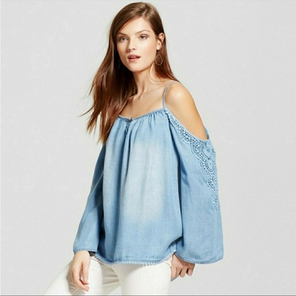 KNOX ROSE Top Cold Shoulder Long Sleeve
Embroidered Blue Lyocell XS